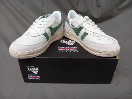 BOXED PAIR OF GOLA TOPSPIN SHOES IN WHITE/EVERGREEN/PASTEL PINK UK SIZE 6