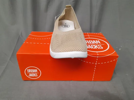 BOXED PAIR OF URBAN JACKS SLIP-ON SHOES IN BEIGE SIZE 8