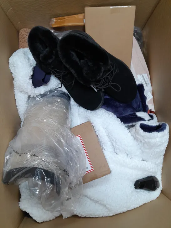 BOX OF APPROX 10 ASSORTED CLOTHING ITEMS TO INCLUDE - BLACK SHOES, COOKING MATS, COAT ETC