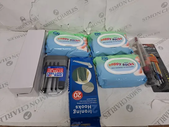 BOX OF ASSORTED HOUSEHOLD ITEMS TOO INCLUDE TOOLS AND BABY PRODUCTS 