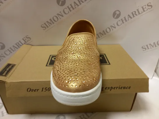 BOXED PAIR OF CUSHION WALK DIAMANTE SLIP ON SHOES, ROSE GOLD - SIZE 7