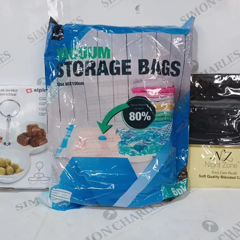 BOX OF APPROXIMATELY 20 ASSORTED HOUSEHOLD ITEMS TO INCLUDE NIGHTZONE ORTHOPAEDIC CASE, VACUUM STORAGE BAGS, SERING DISH, ETC