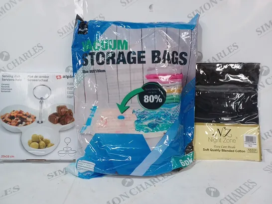 BOX OF APPROXIMATELY 20 ASSORTED HOUSEHOLD ITEMS TO INCLUDE NIGHTZONE ORTHOPAEDIC CASE, VACUUM STORAGE BAGS, SERING DISH, ETC