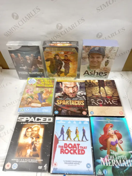 BOX OF 9 ASSORTED DVDS TO INCLUDE THE LITTLE MERMAID, SPACED, DOCTOR WHO ETC