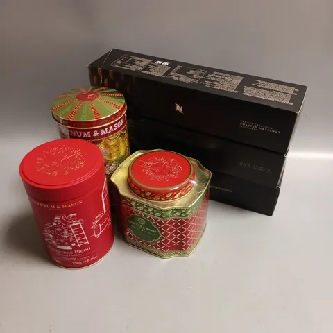 BOX OF APPROX 8 ASSORTED FOOD ITEMS TO INCLUDE - FORTNUM & MASON MUSIC BOX BISCUIT TIN - NESPRESSO COFFEE - FORTNUM & MASON GROUND COFFEE ETC
