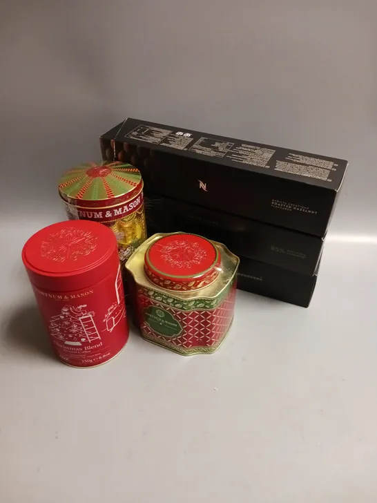 BOX OF APPROX 8 ASSORTED FOOD ITEMS TO INCLUDE - FORTNUM & MASON MUSIC BOX BISCUIT TIN - NESPRESSO COFFEE - FORTNUM & MASON GROUND COFFEE ETC