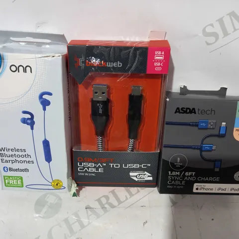 BOX OF APPROXIMATELY 20 ASSORTED ELECTRICAL ITEMS TO INCLUDE ASDA TECH SYNC AND CHARGE CABLE, BLACKWEB USB-A TO USB-C CABLE, ONN WIRELESS BLUETOOTH EARPHONES, ETC