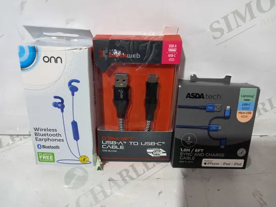 BOX OF APPROXIMATELY 20 ASSORTED ELECTRICAL ITEMS TO INCLUDE ASDA TECH SYNC AND CHARGE CABLE, BLACKWEB USB-A TO USB-C CABLE, ONN WIRELESS BLUETOOTH EARPHONES, ETC