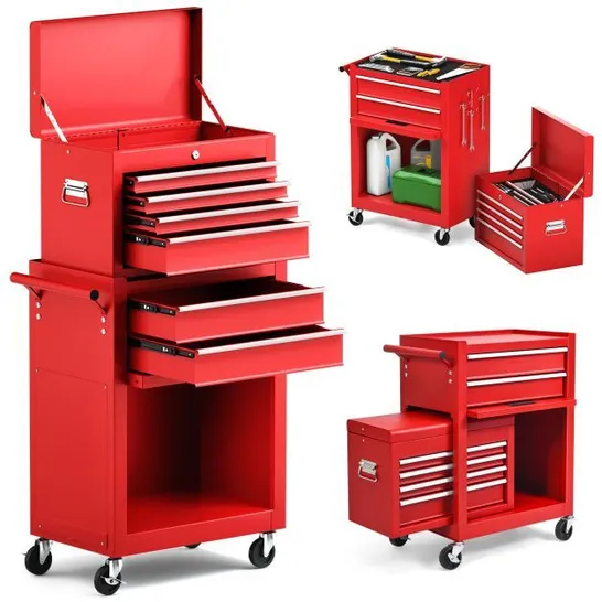 BOXED COSTWAY 6-DRAWER TOOL CABINET WORKSHOP STORAGE CHEST GARAGE ORGANIZER W/LOCKABLE TOOL BOX & REMOVABLE HOOKS - RED