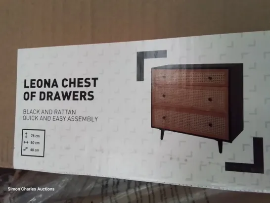 BOXED LEONA CHEST OF DRAWERS BLACK & RATTAN