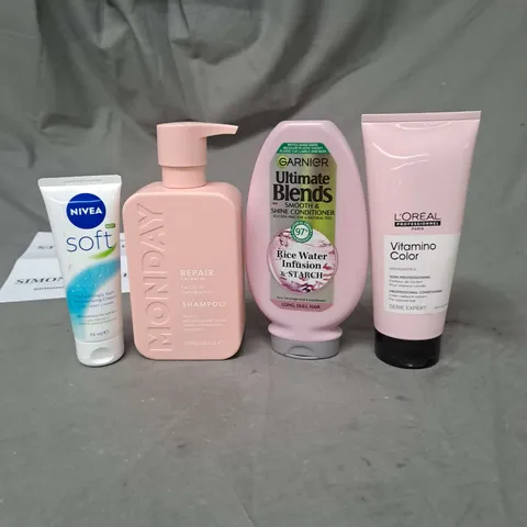 APPROXIMATELY 20 ASSORTED COSMETIC PRODUCTS TO INCLUDE MONDAY SHAMPOO, NIVEA SOFT CREAM AND GARNIER CONDITIONER 