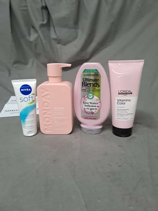 APPROXIMATELY 20 ASSORTED COSMETIC PRODUCTS TO INCLUDE MONDAY SHAMPOO, NIVEA SOFT CREAM AND GARNIER CONDITIONER 