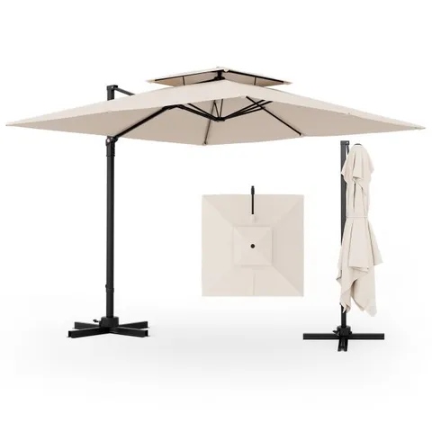 BOXED COSTWAY 3M SQUARE CANTILEVER GARDEN PARASOL WITH 360° ROTATION AND DOUBLE TOP - BEIGE