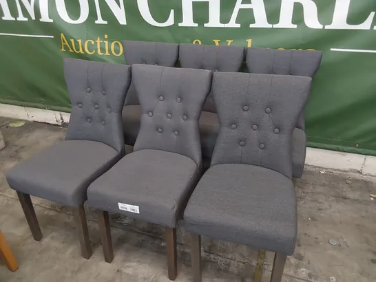 SET OF SIX UPHOLSTERED DINING CHAIRS BUTTONED BACKS, CHARCOAL FABRIC ON SILVER LEGS