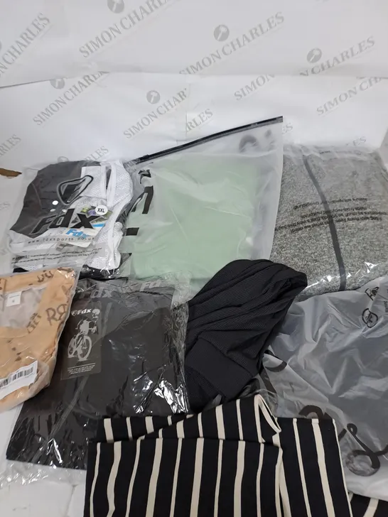 LARGE BOX OF ASSORTED CLOTHING ITEMS IN VARIOUS COLOURS AND SIZES INCLUDING TROUSERS , TOPS AND JUMPERS 