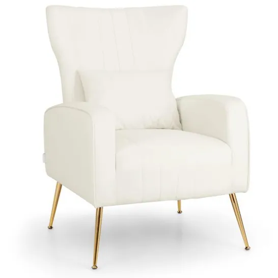 BOXED VELVET UPHOLSTERED WINGBACK CHAIR WITH LUMBAR PILLOW AND GOLDEN METAL LEGS - WHITE