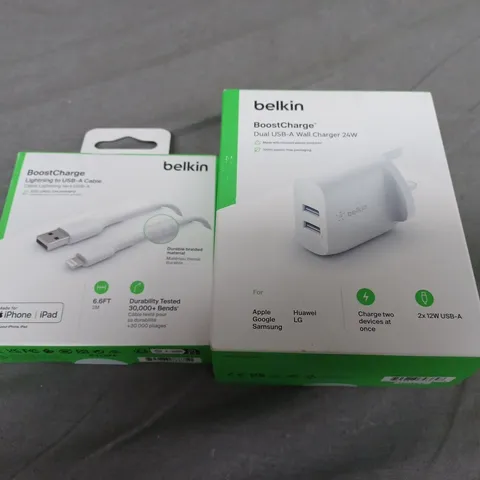 TWO ASSORTED BELKIN PRODUCTS TO INCLUDE; BOOST CHARGE DUAL USB-A WALL CHARGER 24W AND LIGHTNING TO USB-A CABLE