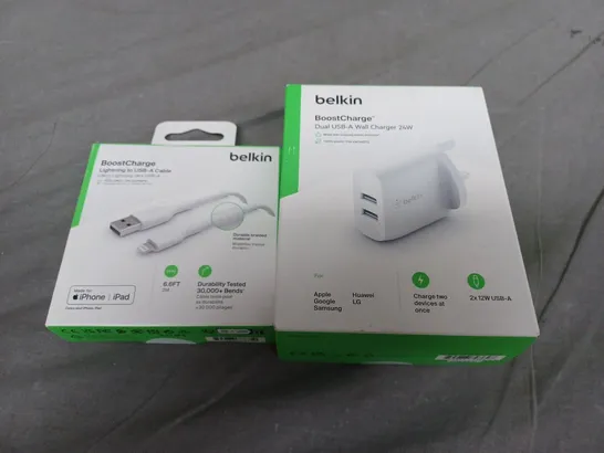 TWO ASSORTED BELKIN PRODUCTS TO INCLUDE; BOOST CHARGE DUAL USB-A WALL CHARGER 24W AND LIGHTNING TO USB-A CABLE