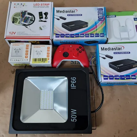 APPROXIMATELY 6 ASSORTED HOUSEHOLD ITEMS TO INCLUDE CONSOLE CONTROLLER, LED STRIP LIGHTS, MEDIASTAR X10, AND OUTDOOR FLOODLIGHT 50W ETC.