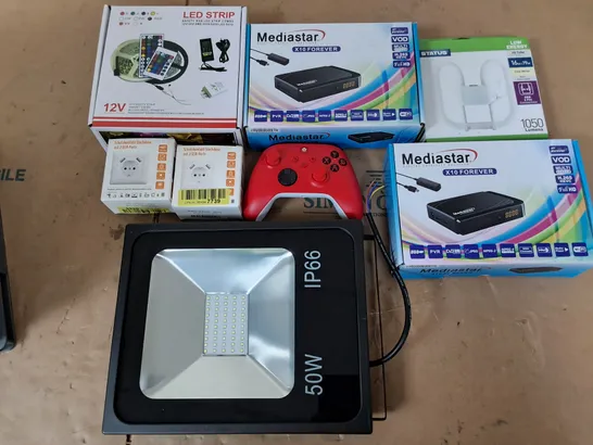 APPROXIMATELY 6 ASSORTED HOUSEHOLD ITEMS TO INCLUDE CONSOLE CONTROLLER, LED STRIP LIGHTS, MEDIASTAR X10, AND OUTDOOR FLOODLIGHT 50W ETC.