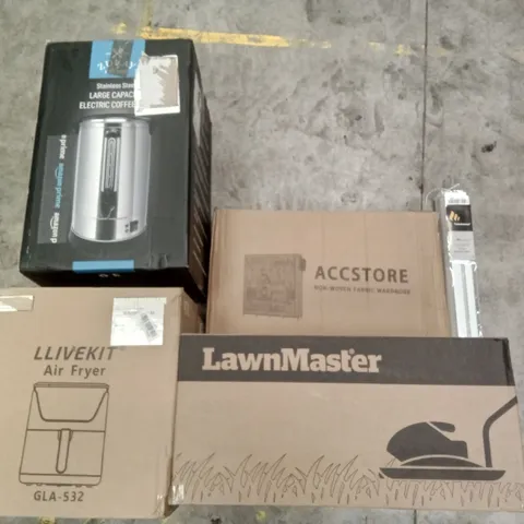 PALLET OF ASSORTED ITEMS INCLUDING LLIVEKIT AIR FRYER, LAWNMASTER HOVER MOWER, ACCSTORE NON-WOVEN FABRIC WARDROBE, TAIYUHOMES DAY AND NIGHT ROLLER BLINDS, LARGE CAPACITY ELECTRIC COFFEE URN 