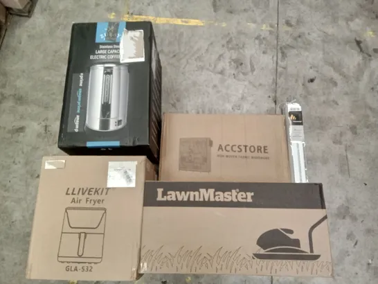 PALLET OF ASSORTED ITEMS INCLUDING LLIVEKIT AIR FRYER, LAWNMASTER HOVER MOWER, ACCSTORE NON-WOVEN FABRIC WARDROBE, TAIYUHOMES DAY AND NIGHT ROLLER BLINDS, LARGE CAPACITY ELECTRIC COFFEE URN 