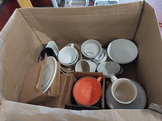 BOX OF ASSORTED MUGS AND DINNERWARE 