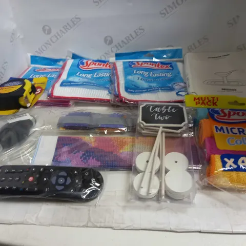 LOT OF ASSORTED HOUSEHOLD GOODS TO INCLUDE SPONTEX KITCHEN CLOTHS, MARKSMAN TAPE MEASSURE, AND SKY TV REMOTE ETC.