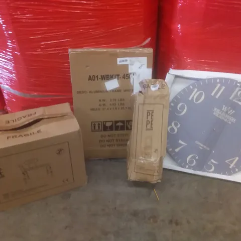 PALLET OF ASSORTED ITEMS INCLUDING BATH TRANSFER BENCH, CLOCK, AIR FRYER