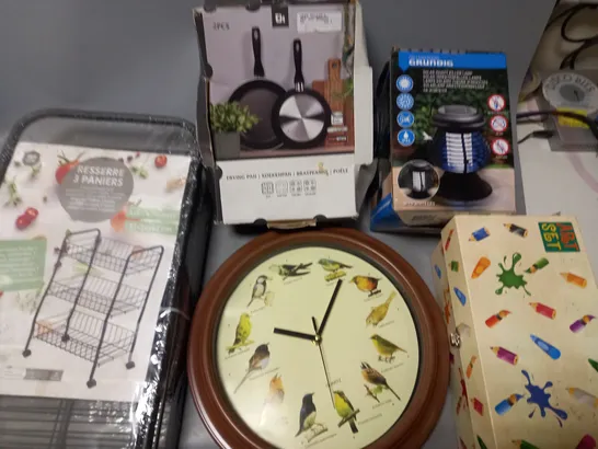 LOT OF ASSORTED HOUSEHOLD ITEMS TO INCLUDE SALTER WHISKER, CHOPPING BOARDS, SOLAR INSECT LAMP AND FRYING PANS