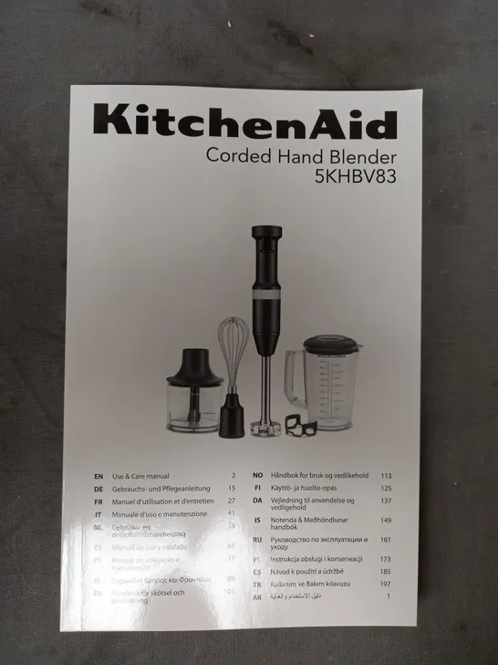 BOXED KITCHEN AID CORDED HAND BLENDER WITH ACCESSORIES