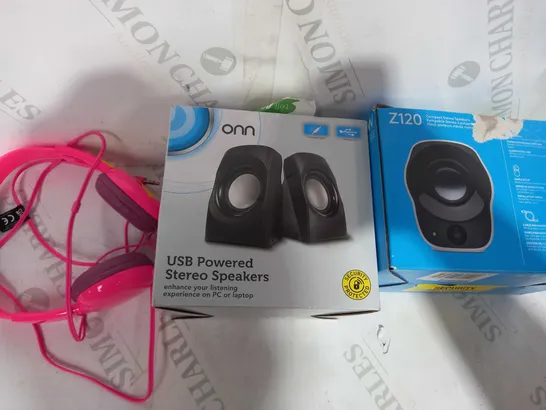 LOT OF APPROXIMATELY 10 ASSORTED HOUSEHOLD ITEMS TO INCLUDE ASDA TECH KIDS HEADPHONES, ONN USB POWERED STEREO SPEAKERS, LOGITECH Z120 PC SPEAKERS, ETC