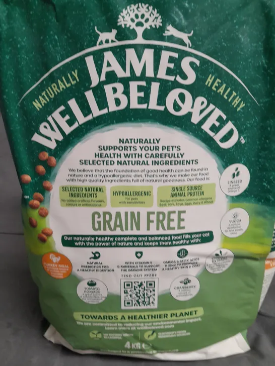 LOT OF 3 4KG PACKS OF JAMES WELL-BELOVED GRAIN FREE ADULT CAT FOOD - TURKEY