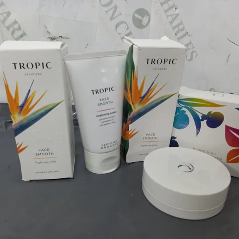 3 ASSORTED TROPIC PRODUCTS TO INCLUDE 2 FACE SMOOTH POLISH (80ml), TROPIC MONERAL FOUNDATION (6g)