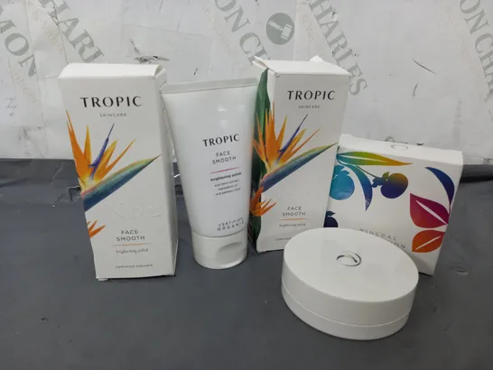 3 ASSORTED TROPIC PRODUCTS TO INCLUDE 2 FACE SMOOTH POLISH (80ml), TROPIC MONERAL FOUNDATION (6g)