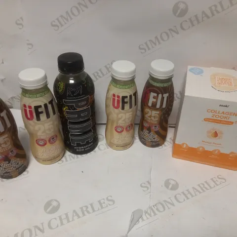 BOX OF ASSORTED FOOD PRODUCTS - INCLUDING PRIME, UFIT WHITE CHOCOLATE AND FUDGE BROWNIE