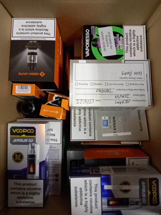 APPROXIMATELY 20 ASSORTED E-CIGARETTE PRODUCTS/ACCESSORIES TO INCLUDE VOO POO, GEEK VAPE, VAPORESSO ETC