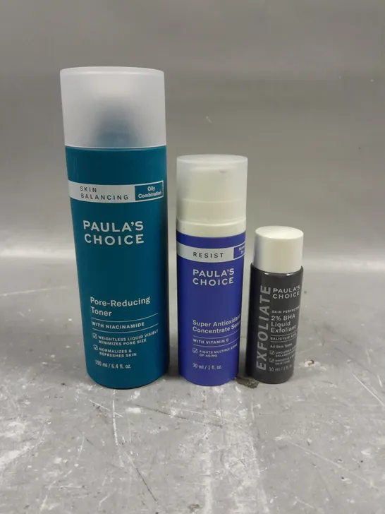 LOT OF 3 PAULA'S CHOICE SKIN CARE PRODUCTS TO INCLUDE BALANCING TONER 190ML, SUPER ANTIOXIDANT CONCENTRATE SERUM 30ML AND LIQUID EXFOLIANT 30ML