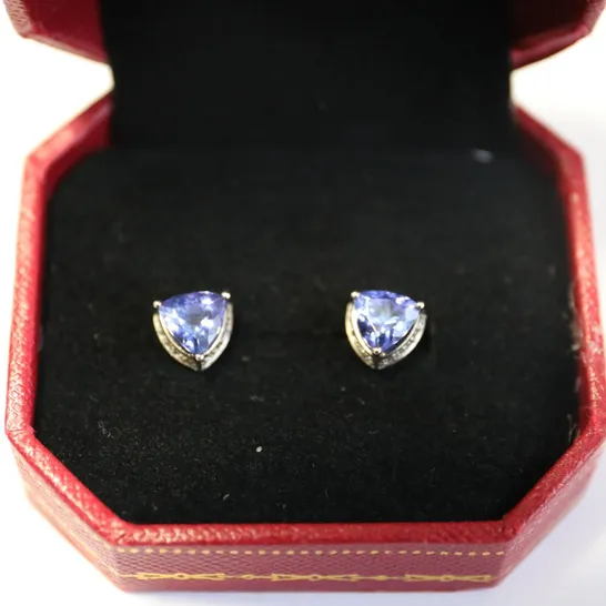 DESIGNER 18CT WHITE GOLD STUD EARRINGS SET WITH TRILLIANT CUT TANZANITES TO DIAMOND HALOS, WEIGHT +2.28CT