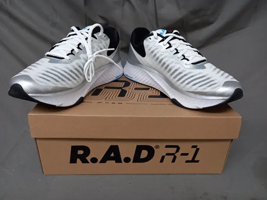 BOXED PAIR OF R.A.D. R-1 SHOES IN WHITE/METALLIC SILVER/BLUE UK SIZE 8.5