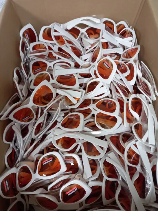 BOX OF WHITE TINTED LENS SUN GLASSES 