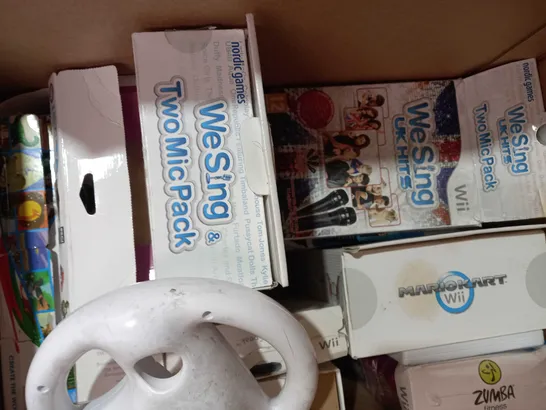 BOX OF APPROXIMATELY 10 ASSORTED NINTENDO WII ITEMS TO INCLUDE ANIMAL CROSSING, MARIO KART, ZUMBA FITNESS 2, ETC