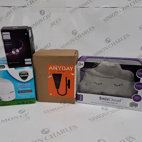 APPROXIMATELY 10 ASSORTED PRODUCTS TO INCLUDE JOHN LEWIS LULU WALL LIGHT, PHILIPS LIGHTSTRIP, SNUZCLOUD BABY SLEEP AID, VICKS PERSONAL HUMIDIFIER 