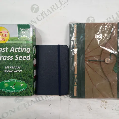 LOT OF APPROXIMATELY 10 ASSORTED HOUSEHOLD ITEMS TO INCLUDE SPEEDY SEED FAST ACTING GRASS SEED, NOTEBOOK IN NAVY, ETC