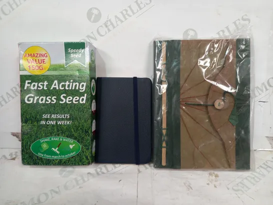 LOT OF APPROXIMATELY 10 ASSORTED HOUSEHOLD ITEMS TO INCLUDE SPEEDY SEED FAST ACTING GRASS SEED, NOTEBOOK IN NAVY, ETC