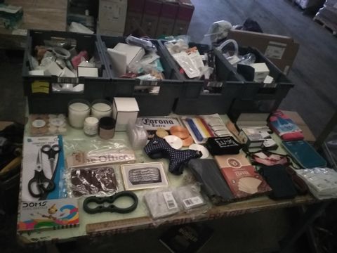 FOUR TRAYS OF ASSORTED ITEMS TO INCLUDE: SCENTED CANDLES, SCISSORS, E-CLOTH, COFFEE FILTER PAPERS, CORONA SIGN ETC 