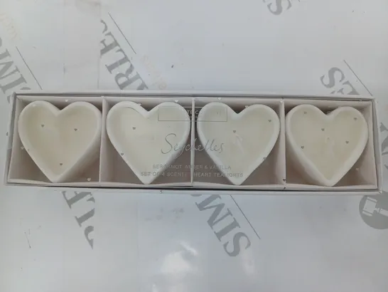 THE WHITE COMPANY SEYCHELLES SET OF 4 SCENTED HEART TEALIGHTS BERGAMOT, AMBER & VANILLA