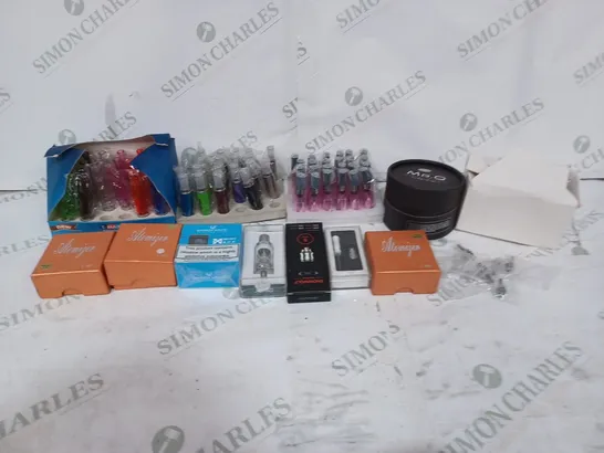 BOX TO CONTAIN A LARGE ASSORTMENT OF E-CIGARETTE ACCESSORY PRODUCTS & PARTS. BRANDS INCLUDE VANDY VAPE. SNOWWOLF, E-MAX, MR.Q ETC 