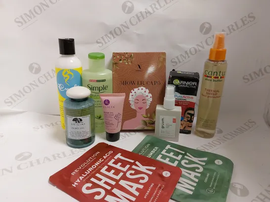 BOX OF APPROX 20 COSMETIC ITEMS TO INCLUDE SIMPLE FACIAL TONER, CANTU THERMAL SHIELD, ORIGINS TONER