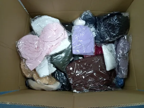 LARGE BOX OF ASSORTED CLOTHING ITEMS IN VARIOUS COLOURS AND SIZES